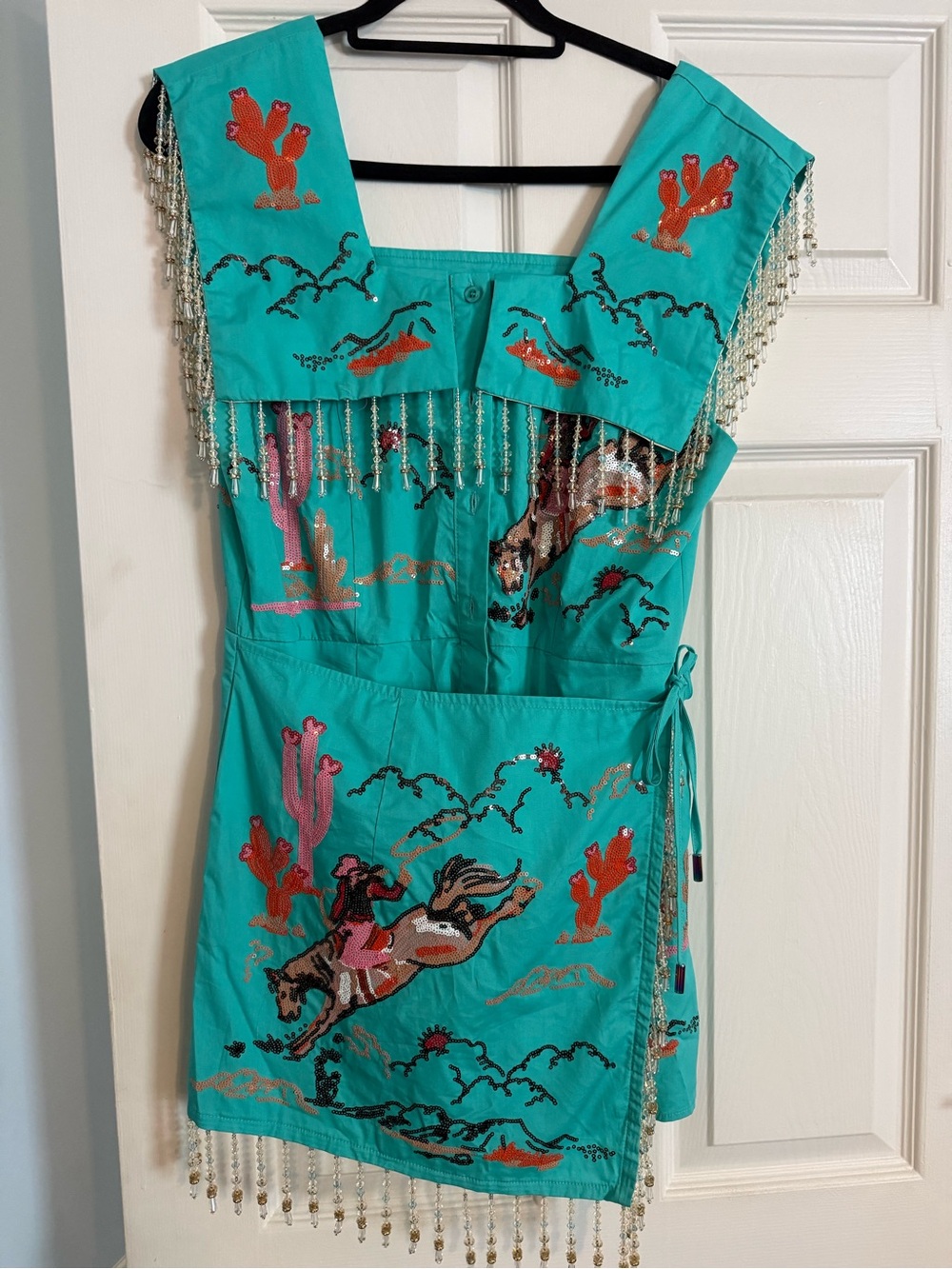 Queen of Sparkles Aqua Bucking Cowgirl Beaded Fringe Tie Collar Cotton Romper